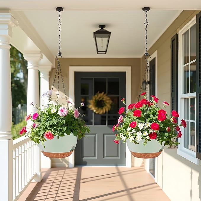 2 Pack 12 Inch Large Hanging Planters with Chains Self Watering Green Brown Plastic Hanging Pots for Indoor Outdoor Plants, Garden Porch Home Decor，Green Brown-HomvellaHome