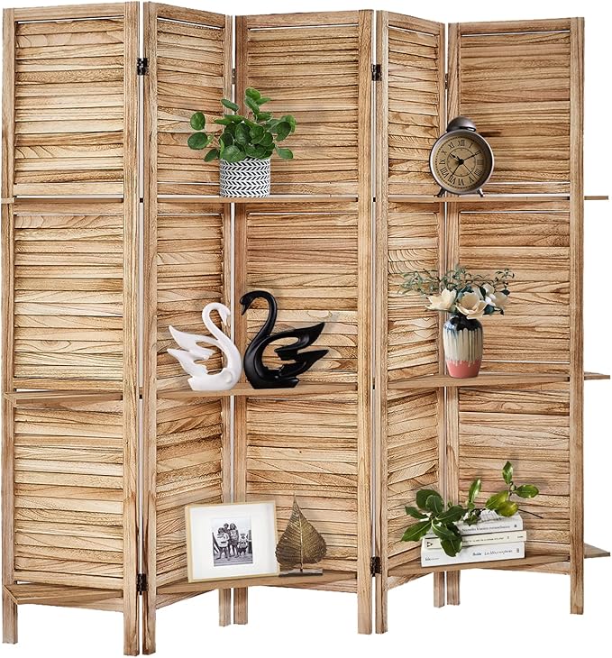 Room Divider with Shelves, Privacy Screen, Room Dividers and Folding Privacy Screens, 5 Panel Wood Temporary Wall Partition Separation Separator, Natural-HomvellaHome