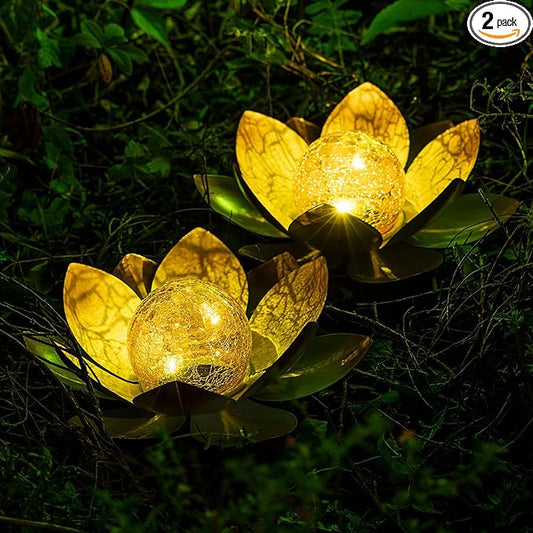 Garden Solar Lights Outdoor(2Pack) , Amber Crackle Globe Glass Lotus Decoration , Waterproof Orange Metal LED Flower Lights for Patio,Lawn,Walkway,Tabletop,Ground, Garden Gifts for Women-HomvellaHome