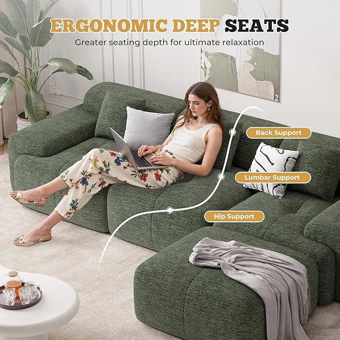 122" Modern L Shaped Modular Sectional Sofa, Boneless Couches for Living Room with Ottoman,4 Seater Convertible Chenille Cloud Couch Sofa Set, No Assembly Required, Green 1 PCS-HomvellaHome
