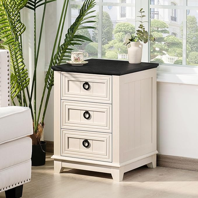 18" Farmhouse Night Stand with 3 Drawers, Wood End Table Dresser for Bedroom, White Nightstand, Bed Side Table with Metal Handle, Bedside Cabinet for Bedroom Living Room, Closet-HomvellaHome