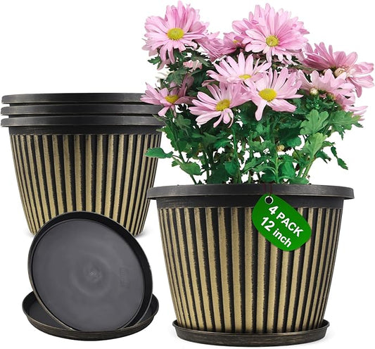 12 inch Planter Indoor Outdoor Plant Pots, 4 Pack Large Plastic Flower Pots with Saucer and Drainage Holes, Decorative Modern Garden Pots for Houseplants-HomvellaHome