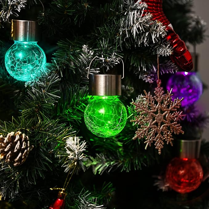 GIGALUMI 16 Pack Solar Hanging Lights for Christmas Decoration - Cracked Glass Solar Lights Outdoor Waterproof for Garden, Yard, Fence, Tree (Color Changing)-HomvellaHome