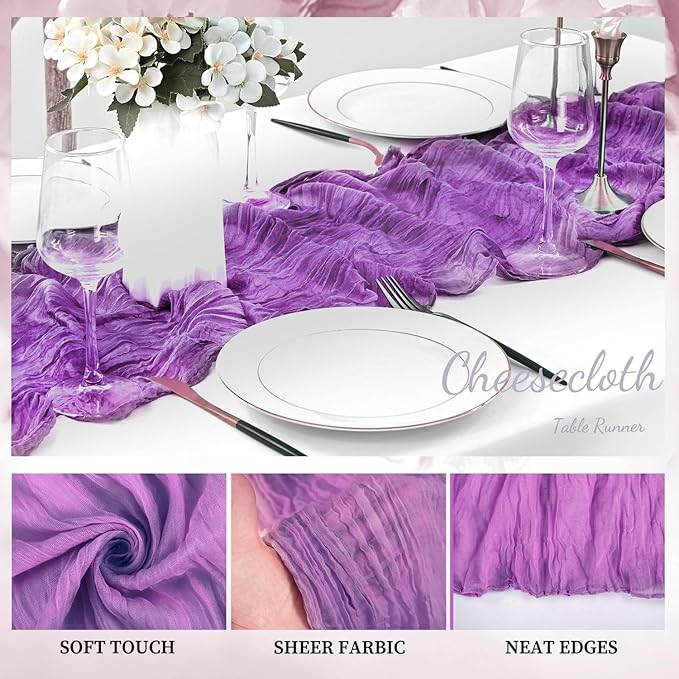 12 Pack Purple Cheesecloth Table Runner 10FT Boho Fabric Rustic Cheese Cloth Table Runner for Wedding Bridal Shower Baby Shower Gauze Sheer Birthday Party Table Decorations 20 x 120 Inch Long-HomvellaHome