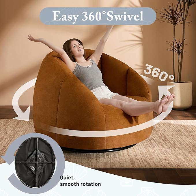Giant Bean Bag Swivel Chair for Adults - Comfy Plush Round Shell Soft Accent Chaise Lounge Indoor Chair, Oversized Cozy Floor Sofa for Living Room, Bedroom & Game Rooms, Orange-HomvellaHome