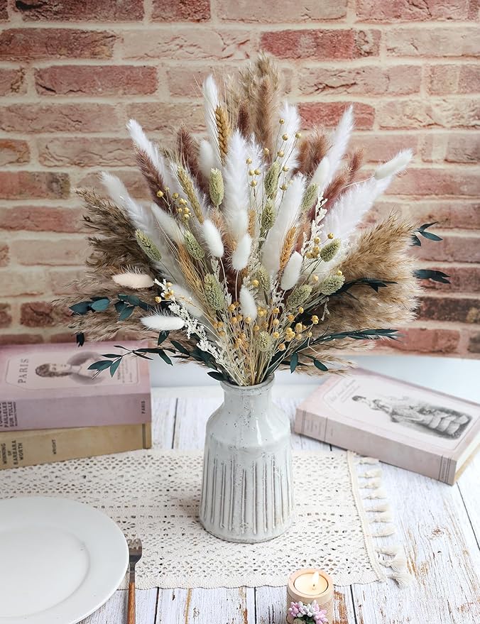 126pcs Dried Pampas Grass Decorations, Dried Flowers, Dried Bouquet in Vase, Reed Grass Bouquet for Boho Floral Wedding, Rustic Farmhouse Decor. (Vase Not Included)-HomvellaHome