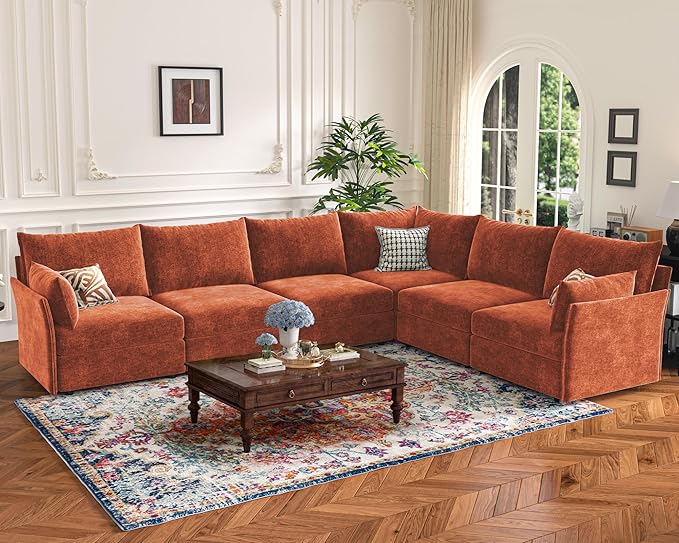 135.5" Oversized Modular Sectional Sofa, L Shaped Convertible Couch with Movable Ottoman, Large 6 Seat Corner Couches for Living Room Deep Seat Terracotta Orange Chenille-HomvellaHome