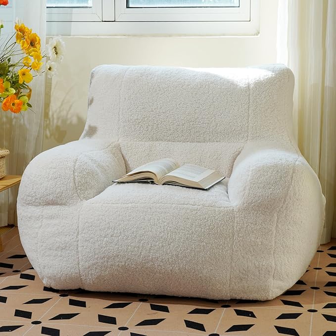 Giant Bean Bag Chair, Lambswool Bean Bag Chair for Adults, Eco-Friendly Filling Soft Bean Bag, White Been Bag for Bedroom, Living Room-HomvellaHome