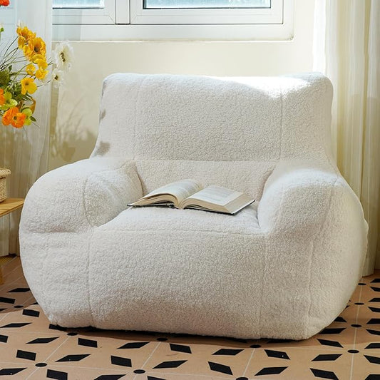 Giant Bean Bag Chair, Lambswool Bean Bag Chair for Adults, Eco-Friendly Filling Soft Bean Bag, White Been Bag for Bedroom, Living Room-HomvellaHome