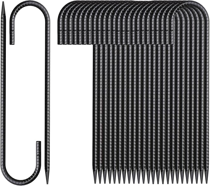 16 Inch Rebar Stakes J Hook 26 Pack Ground Stakes Heavy Duty Tent Stakes with Chisel Point End Chain Link Fence Stakes Galvanized Steel Ground Anchors Metal Spikes Black Coated-HomvellaHome