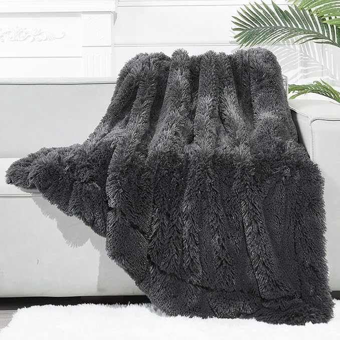 GONAAP Fuzzy Faux Fur Throw Blanket Dark Grey Super Soft Cozy Plush Fuzzy Shaggy Blanket for Couch Sofa Bed (Dark Grey, Throw(50"x60"))-HomvellaHome