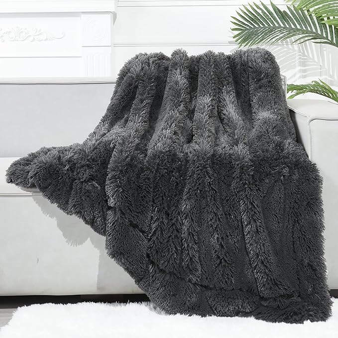 GONAAP Fuzzy Faux Fur Throw Blanket Twin Size Dark Grey Super Soft Cozy Plush Fuzzy Shaggy Blanket for Couch Sofa Bed (Dark Grey, Twin(60"x80"))-HomvellaHome