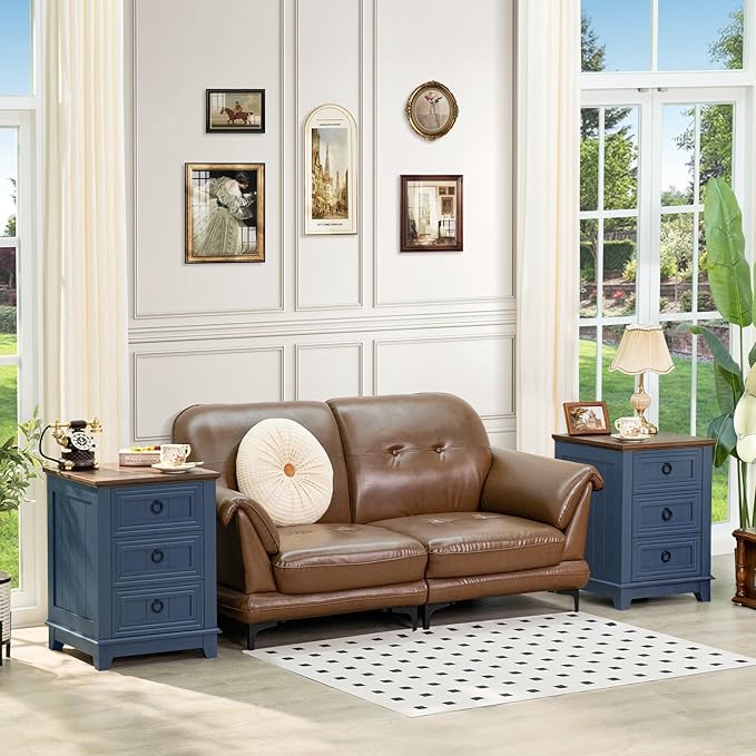 18" Farmhouse Night Stand with 3 Drawers, Wood End Table Dresser for Bedroom, Navy Blue Nightstand, Bed Side Table with Metal Handle, Bedside Cabinet for Bedroom Living Room, Closet-HomvellaHome