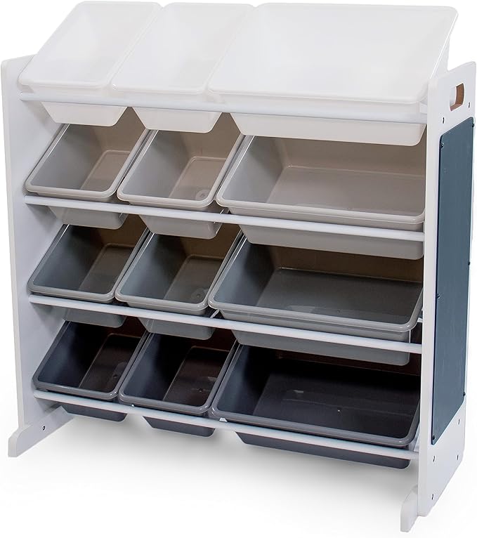 12-Bin Toy Organizer – White/Grey Gradient Ombre Frame with Chalkboard, Eraser & Chalk, Multi-Tier Storage for Kids' Playrooms and Nurseries-HomvellaHome