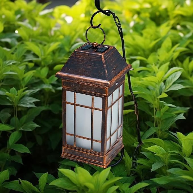 14" Solar Lantern Outdoor Waterproof, Glass Flickering Flame Solar Lanterns, Hanging Metal Lantern Decorative for Patio Front Porch Garden Backyard Tabletop Party Decoration-HomvellaHome
