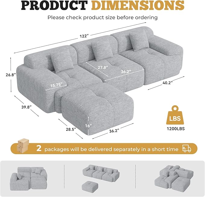 122" Modern L Shaped Modular Sectional Sofa, Boneless Couches for Living Room with Ottoman,4 Seater Convertible Chenille Cloud Couch Sofa Set, No Assembly Required, Light Grey 1 PCS-HomvellaHome