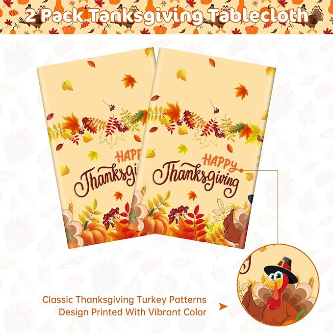 2 Pack Happy Thanksgiving Tablecloth - Fall Thanksgiving Turkey Table cloths, Disposable Plastic Rectangle Autumn Pumpkin Maple Leaf Table Cover for Thanks Giving Tables Decor Party Supplies,108x54In-HomvellaHome