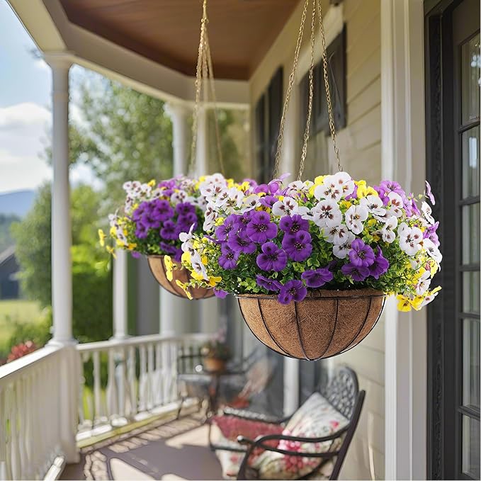 18 Bundles Artificial Fake Pansy Flowers for Outdoor, Faux UV Resistant Silk Pansies Flowers for Outside Planter Front Door Porch Yard Patio Window Box Home Decor (18, Purple, Yellow, White)-HomvellaHome