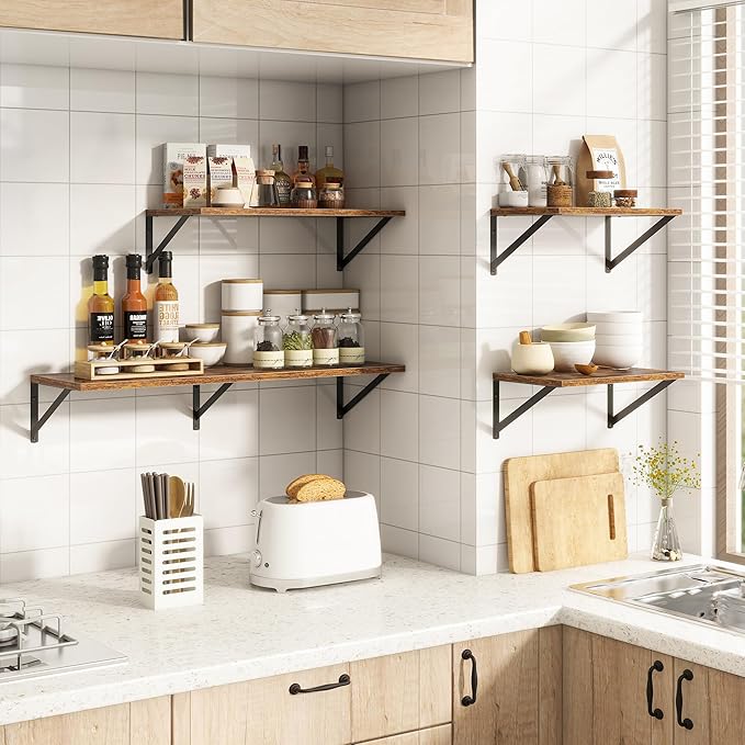 10 Inch Deep Floating Shelves, Floating Shelves 30 Inch Long, Rustic Wood Wall Shelves 30"W x 10"D, Deep Floating Shelf with Bracket, Wide Storage Shelves for Living Room, Bathroom, Rustic Brown-HomvellaHome