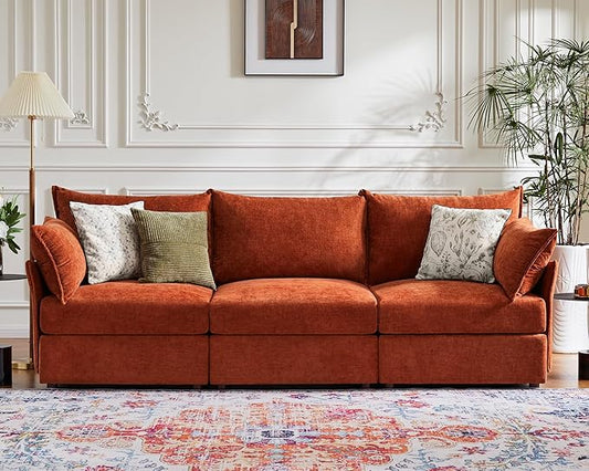 102.6" Modular Sectional Sofa, Oversized 3-Seater Terracotta Orange Couch with Removable Chenille Fabric Cover, Deep Seat & High Backrest for Living Room, Office & Apartment-HomvellaHome