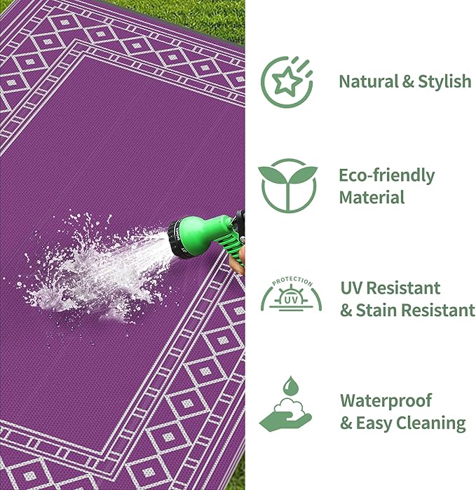 GENIMO Outdoor Rug Waterproof 6'x9' for Patio, Foldable Reversible Plastic Straw Carpet for Travel Trailers, Outside Area Mat for Rv, Deck, Picnic, Porch, Camper, Balcony, Beach, Purple & Grey-HomvellaHome