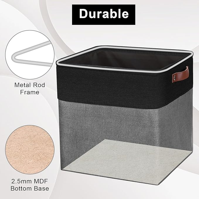13x13 Cube Storage Bins, Collapsible Fabric Storage Box, 4 Pack Closet Baskets with Handles for Organizing, Shelf, Toys, Clothes, Home, Office, Nursery (Grey&Black)-HomvellaHome