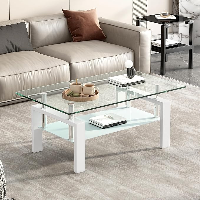 Glass Coffee Table Rectangle White Living Room Center Table, 39inch Transparent Tempered Glass Tabletop and Metal Frame, White + Clear Glass-HomvellaHome
