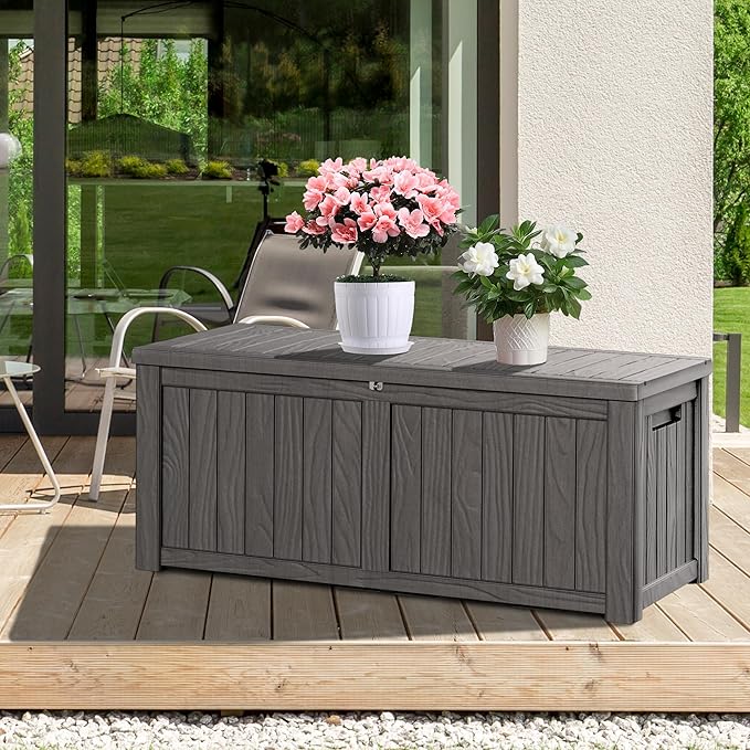 150 Gallon Resin Deck Box, Waterproof Outdoor Storage Bin for Patio Furniture, Pool Accessories, and Garden Tools, Lockable & UV-Resistant, Grey-HomvellaHome