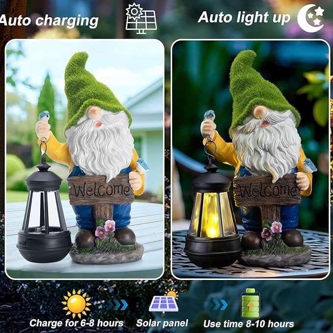 Garden Gnome Outdoor Statues with Solar Lights,Resin Flocked Solar Gnome Statue Holding Lantern,Outdoor Gnomes Decorations for Garden, Patio Gnome Gifts for Mom-HomvellaHome