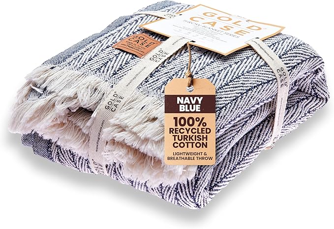 Gold Case Throw Blanket for Couch – 100% Recycled Turkish Cotton Blankets & Throws – Elegant Decorative Throw Blankets for Living Room Sofa – Woven Throws for Couch – Vintage Navy Blue – 50x60-HomvellaHome