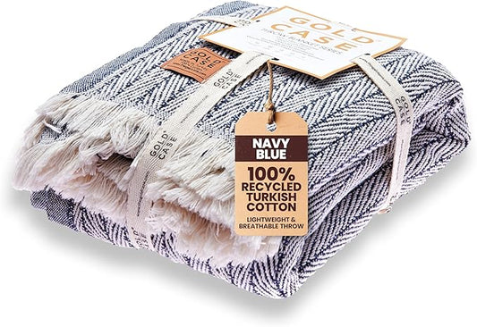 Gold Case Throw Blanket for Couch – 100% Recycled Turkish Cotton Blankets & Throws – Elegant Decorative Throw Blankets for Living Room Sofa – Woven Throws for Couch – Vintage Navy Blue – 50x60-HomvellaHome