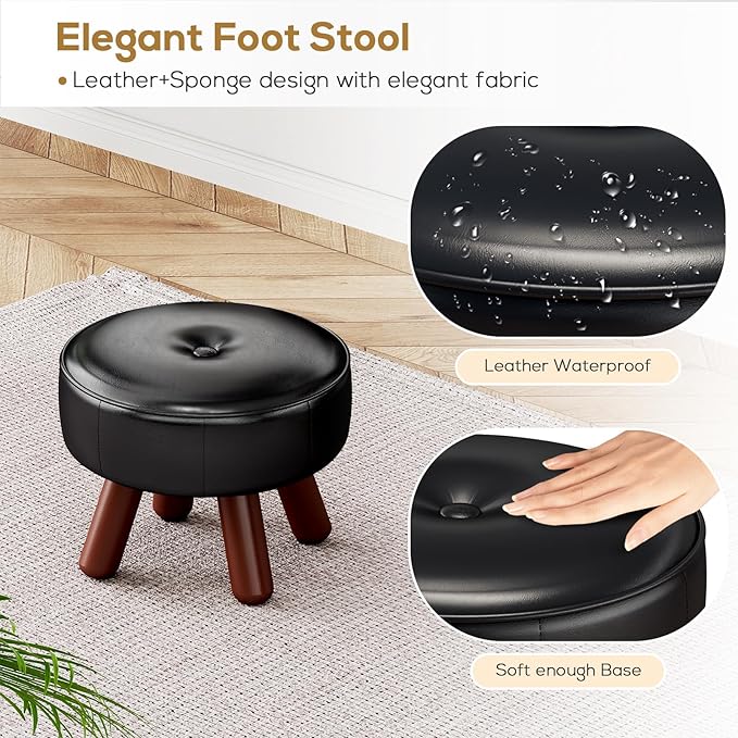 13in Small Foot Stool Ottoman, Round Faux Leather Foot Rest, Footstool Ottomans with Rubber Legs Under Desk, Footrest for Couch, Living Room, Bedroom, Office, 13''L x 13''W x 10.2''H, Black-HomvellaHome
