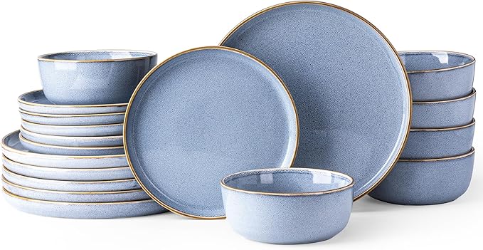 GBHOME Ceramic Dinnerware Sets for 6, 18 Pieces Stoneware Plates and Bowls Sets, Scratch Resistant Dish Sets for Dinner, Dishwasher & Microwave Safe, Brunnera Blue-HomvellaHome