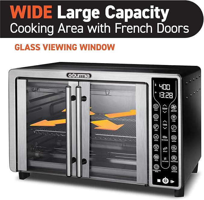 Gourmia Toaster Oven Air Fryer Combo 17 cooking presets 1700W french door digital air fryer oven 24L capacity accessories, convection rack, baking pan tray recipe book GTF7655,Large,Stainless Steel-HomvellaHome