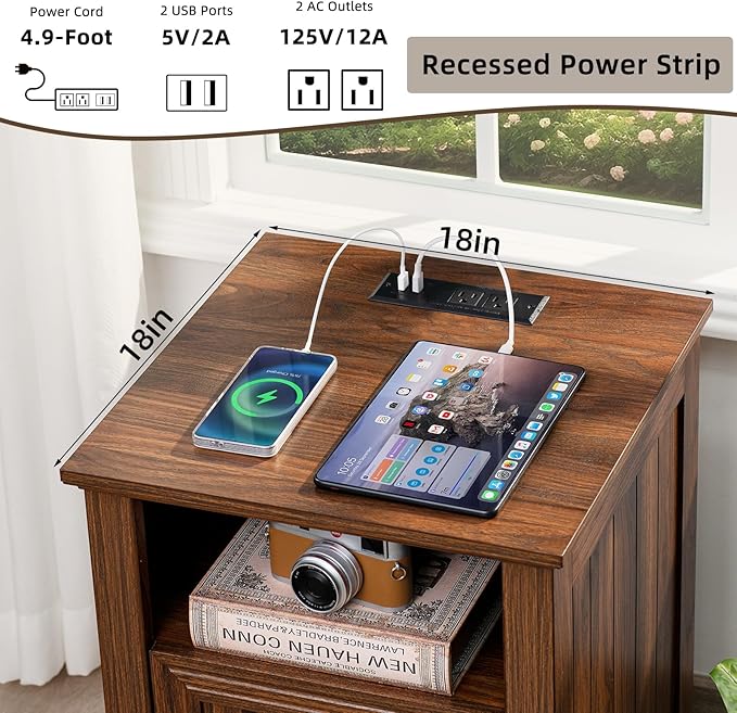 18" Farmhouse Night Stands Set of 2 with Charging Station, 2 Drawers End Table Dresser for Bedroom, Brown Wooden Nightstand, Bed Side Table with Open Shelf, Bedside Cabinet for Living Room-HomvellaHome