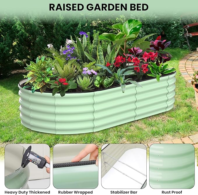 2 Pcs 6x3x1ft Oval Raised Garden Bed, Galvanized Raised Beds,Open-Ended Base Metal Raised Planter Beds,Garden Bed Outdoor,Planter Raised Boxes for Vegetables, Flowers,Tool-Free Asse,Green-HomvellaHome