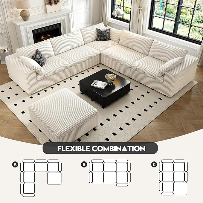 118" Cloud Couch Oversized Modular Sectional Sofa for Living Room,Modern Sofa with Deep Seat，6 Seater Boneless Couch,Comfy Upholstered Corduroy Couches for Apartment, Studio, Office,Bedroom，White-HomvellaHome