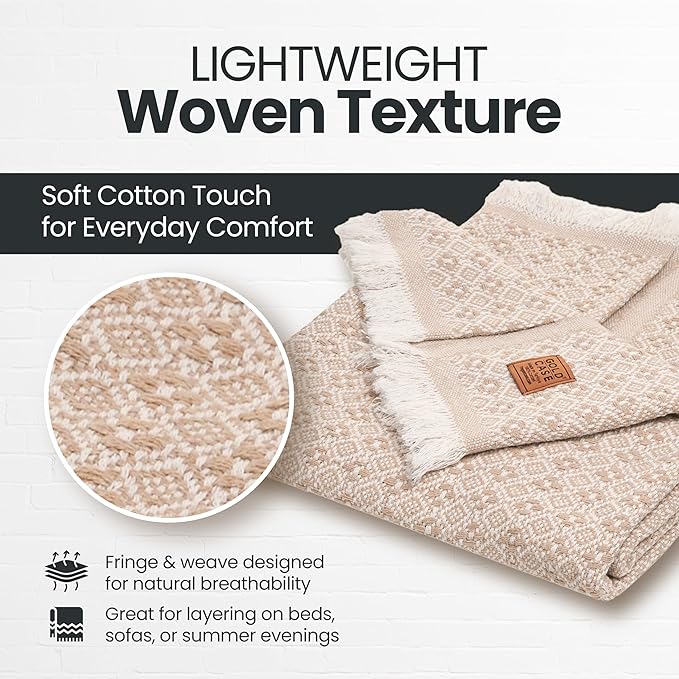 Gold Case Throw Blanket for Couch – 100% Recycled Turkish Cotton Blankets & Throws – Elegant Decorative Throw Blankets for Living Room Sofa – Woven Throws for Couch – Retro Beige – 50x60-HomvellaHome