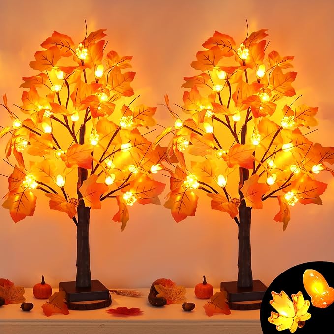 2 Pack 24 Inch Prelit Fall Maple Tree Fall Decor with 48 LED Timer Battery Operated Artificial Fall Light Up Tree Pumpkin Maple Acorn for Fall Thanksgiving Decorations Table Home Indoor Autumn Harvest-HomvellaHome