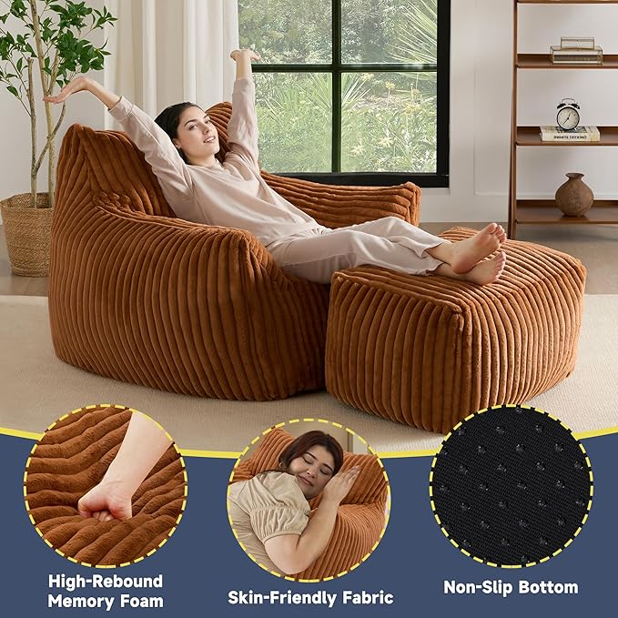 Giant Bean Bag Chairs for Adults, Oversized Chaise Lounge Chair Indoor with Memory Foam - Plush Boneless Lounger & Ottoman for Bedroom, Living Room, Gaming & Reading, Lazy Floor Sofa Chair, Orange-HomvellaHome