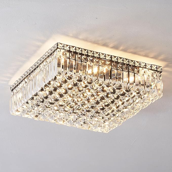 12-Lights Black Crystal Flush Mount Ceiling Light Fixtures,Elegant Crystal Chandelier Pendant Ceiling Lamp for Bedroom,Living Room,Dining Room,Hallway H5.9 x W20 x L20 (Bulb Not Included)Square-HomvellaHome