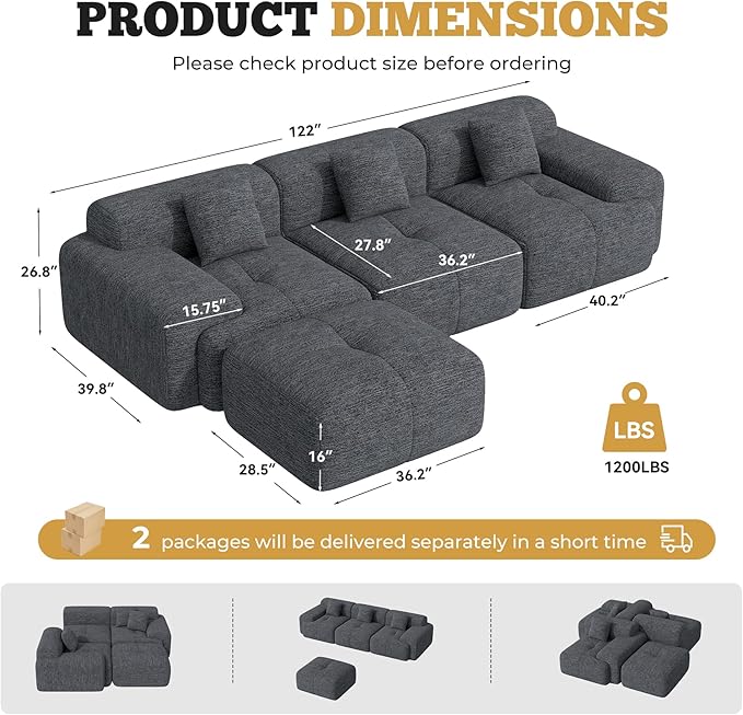 122" Modern L Shaped Modular Sectional Sofa, Boneless Couches for Living Room with Ottoman,4 Seater Convertible Chenille Cloud Couch Sofa Set, No Assembly Required, Grey-Black 1 PCS-HomvellaHome