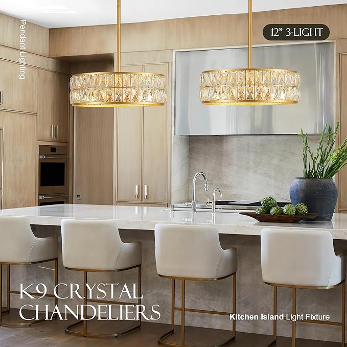 16” 4-Light Modern Crystal Chandeliers Gold Dinning Room Light Fixture, Round Pendant Light Kitchen Island Chandelier, Flush Mount Ceiling Light for Living Room Entryway Bedroom Foyer-HomvellaHome