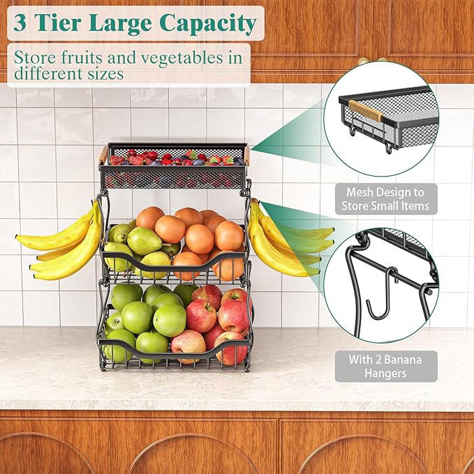 Giwil 3 Tier Countertop Fruit Mesh Basket for Kitchen, Vegetable Storage Bread Fruit Bowl Stand with 2 Banana Hooks, Wall Mounted Metal Wire Basket Organizer for Potato Onion, Black-HomvellaHome