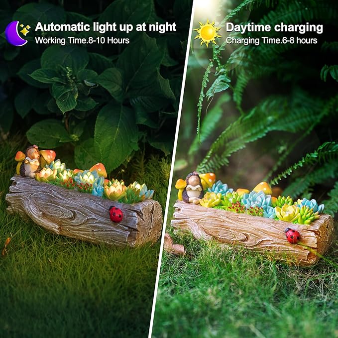 Garden Solar Figurine Light - Stump Succulent Solar Light Outdoor, Solar Powered Lighting Outside Decorations Yard Art Lawn Ornaments for Porch Patio Balcony - Succulent Gifts for Women Mom-HomvellaHome