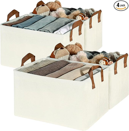 GRANNY SAYS Closet Storage Baskets, Collapsible Fabric Storage Bins with Metal Frame, Clothes Organizer Bins, Large Baskets for Shelves, Ivory, 4-Pack-HomvellaHome