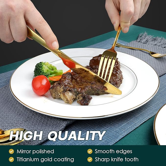 Gold Silverware Set for 8, OGORI 45-Piece Stainless Steel Flatware Set with Serving Set, Mirror Polished Cutlery Set with Serving Utensils Spoon for Kitchen Party Supply-HomvellaHome