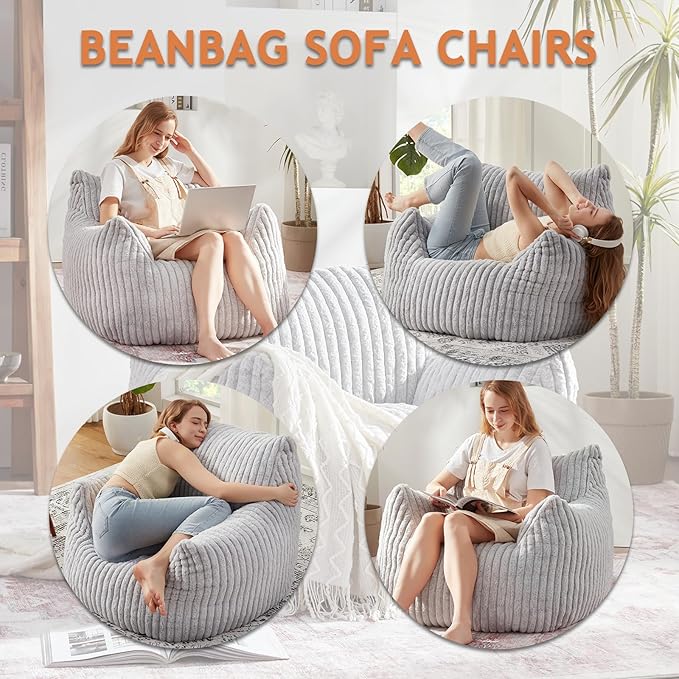 Giant Bean Bag Chairs for Adults with Filling Plush Fluffy Bean Bag Chairs for Teens with Armrests Comfy BeanBag Lazy Couch Sofa Chair for Bedroom Living Room Reading-HomvellaHome