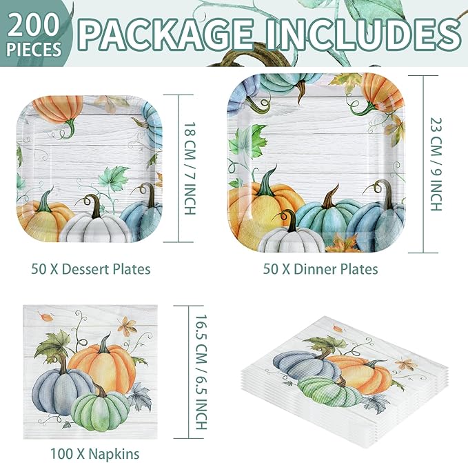 Grencian 200Pcs Fall Plates and Napkins Square Blue Pumpkins Plate Thanksgiving Paper Plates Pumpkin Wood Grain Dinnerware for Baby Shower Fall Harvest Family Thanksgiving Party Decorations, Serves 50-HomvellaHome