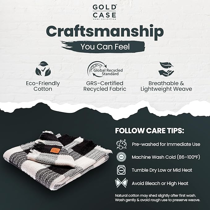 Gold Case Throw Blanket for Couch – 100% Recycled Turkish Cotton Blankets & Throws – Elegant Decorative Throw Blankets for Living Room Sofa – Woven Throws for Couch – Black – 60x80-HomvellaHome
